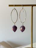 E2322 - Forged oval hoop with charoite leaf shaped drop earrings