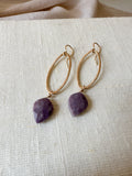 E2322 - Forged oval hoop with charoite leaf shaped drop earrings