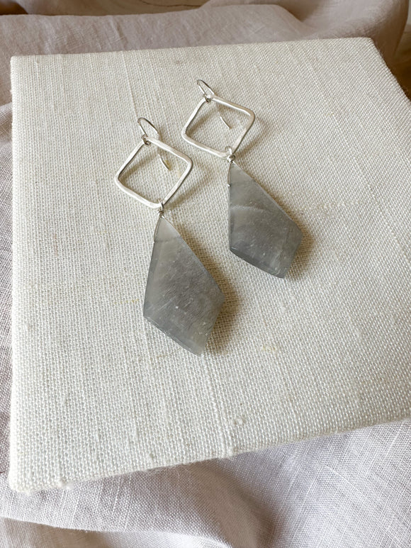 E2321 - sterling silver forged square hoops with grey moonstone
