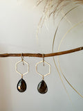 E2306 - 14k yellow gold filled hexagon with brown sapphire drop earrings