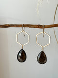 E2306 - 14k yellow gold filled hexagon with brown sapphire drop earrings