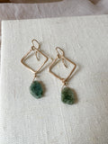 E2312 - yellow gf square hoop earrings with emerald slice stone