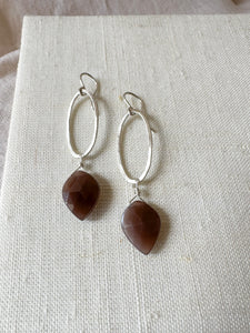 E2318 - Sterling silver forged hoop with brown moonstone drop earrings