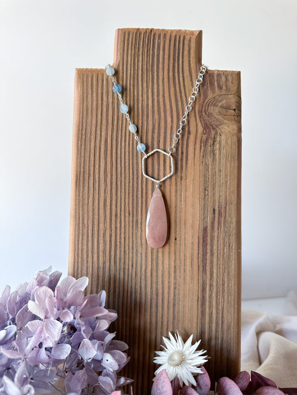 N2315 - ss peach moonstone and aquamarine necklace