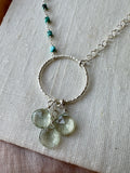 N2305 - ss green quartz and turquoise asymmetrical necklace