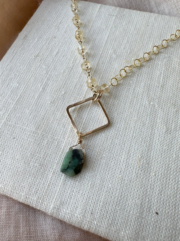 N2312 - 14k gold filled emerald and citrine asymmetrical necklace